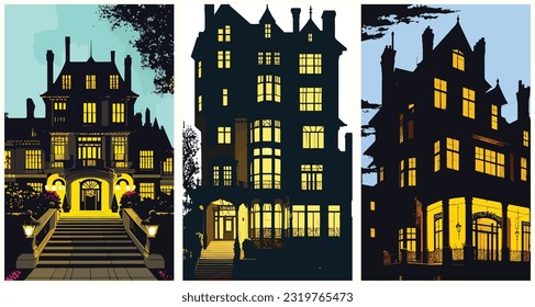 1920S Mansion Opulent Roaring Twenties Estate set collection of abstract vector illustration