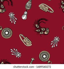 1920s seamless pattern of art deco style accessories. Clock, brooch, locket, earrings, peacock feather. Cartoon style. Stock Illustration. Design for textiles, wallpapers, packaging, website.
