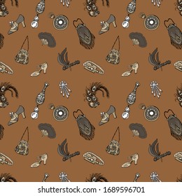 1920s seamless pattern of art deco style accessories. Clock, brooch, medallion, earrings, peacock feather, ladies bag, shoes, fan, headdress. Cartoon style. Stock Illustration. 