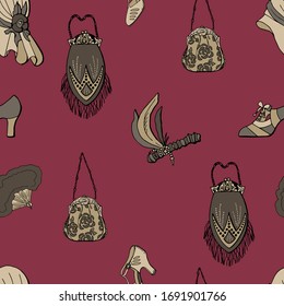 1920er Jahre nahtloses Muster weiblicher Accessoires mit Art-Deco-Stil. Handtasche, Schuhe, Ventilator, Hut, Hut. Cartoon-Stil. Stockillustration. Design für Textilien, Wallpaper, Verpackung, Website.