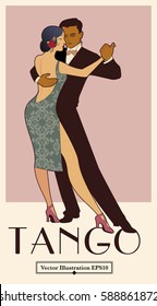 1920s Tango Poster. Elegant Couple Dancing Tango. Black & White. Retro Style