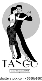 1920s Tango Poster. Elegant couple dancing tango. Black & White. Retro style