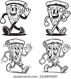 A 1920s-style cartoon pizza slice with a grin, wide eyes, and elastic limbs, playfully waving. Bold lines and minimal colors create a nostalgic feel.