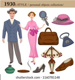 1930 fashion style man and woman personal objects