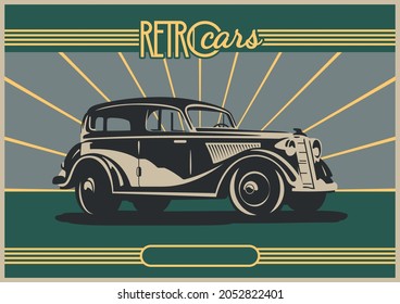 Autos der 1930er-1940er-Jahre, Retro-Auto-Werbeplakate-Style-Illustration, Retro-Farben und Dekoration 