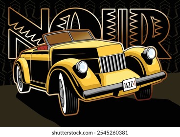 1930s - 1940s coche retro, marco y fondo art déco, estilo Noir pósters, cubiertas, Ilustraciones Plantilla 