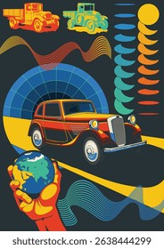 1930s - 1940s Retro Car and Retro Trucks, Abstract Illustration with 3D Dimensions, Geometric Shapes, Vintage Color Combination