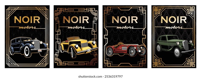 1930s - 1940s Retro Cars, Art Deco Frames and Backgrounds, Noir Style Posters, Covers, Illustrations Template Set 