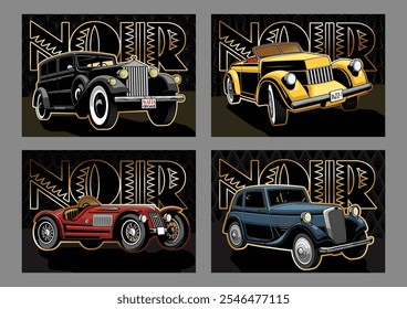 1930s - 1940s coches retro fijados para los carteles, cubiertas, Ilustraciones del estilo de Noir. Conjunto de Plantilla de Vector de fondos art déco