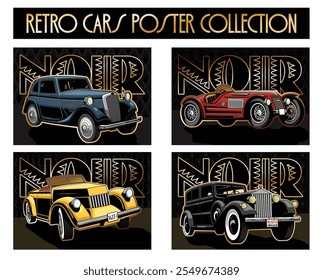 1930s - 1940s coches retro fijados para los carteles, cubiertas, Ilustraciones del estilo de Noir. Conjunto de Plantilla de Vector de fondos art déco