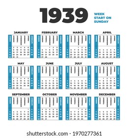 1939 year vector calendar template . Weeks start on Sunday