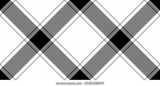 1940s plaid fabric seamless, uniform pattern check background. Product vector textile tartan texture in white and black colors.