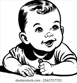 1940's retro baby, crawling, wearing shirt, close up simple minimalist clean line black and white comic, no background