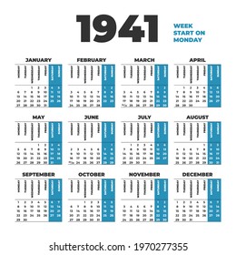 1941 year vector calendar template. Weeks start on Monday 
