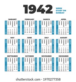 1942 year vector calendar template . Weeks start on Sunday