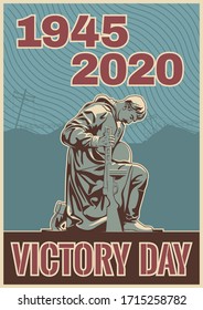 1945-2020 Estilización de la propaganda de la victoria en la Guerra Soviética, afiche del Día de la Victoria en la Segunda Guerra Mundial, soldado soviético del Ejército Rojo