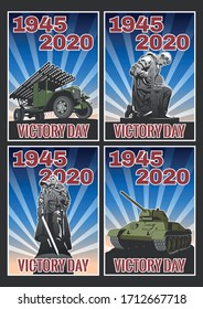 1945 - 2020 Victory Day Poster Set, Old Soviet Propaganda Placards Stylization, Multiple Rocket Launcher, Red Army Soldiers, Tank