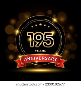 195 year anniversary logo with a gold emblem shape and red ribbon, logo template vector