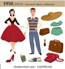 1950 fashion style man and woman personal objects