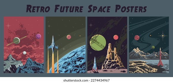 1950-1960s Comic Book Retro Style Space Landscape Posters Set