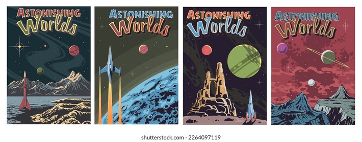 1950-1960s Retro Future Style Astonishing Comic Book Space Posters Set