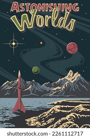 1950-1960s Retro Futurism Style Fantastic Space Mountains Poster