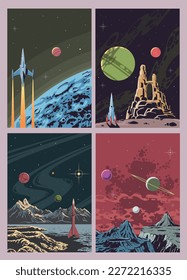 1950-1960s Retro Style Comic Book Space Landscape Posters Set