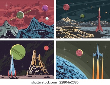 Juego de pósters de cohete espacial fantástico estilo historieta vintage de los años 1950-1960