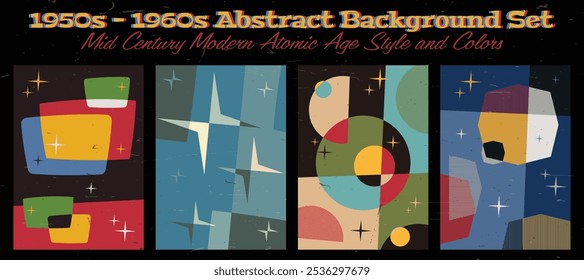 1950s - 1960s Fundo abstrato, Mid Century moderna idade atômica cores e estilo, Space Age Posters conjunto de modelos, padrões de textura envelhecidos