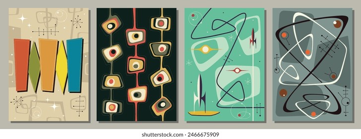 1950s - 1960s Space Age Style Backgrounds, Vector Template for Retro Party Posters, Invitations, Illustrations. Mid Century Modern Atomic Age Decorative Style, Abstract Shapes and Colors