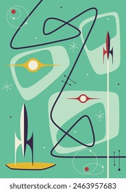 1950s - 1960s Style Background, Vector Template for Retro Party Posters, Invitations, Illustrations. Mid Century Modern Space Age Decorative Style, Abstract Shapes and Colors