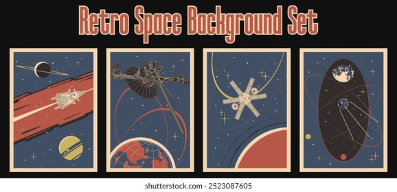 1950s - 1960s Style Space Placards. Retro Space Backgrounds, Vector Templates for Cosmic Illustrations, Covers, Posters. Spacecrafts, Probes, Moon, Asteroids, Orbits, Stars 