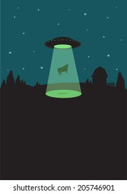 1950s Alien Flying Saucer beams up a cow. Flat illustration