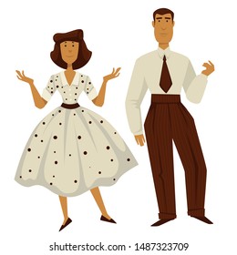 1950s couple, man in trousers and tie and woman in polkadot dress, 50s retro fashion style vector. Female and male characters, vintage clothes and hairstyle. Clothing design and old-fashioned outfit