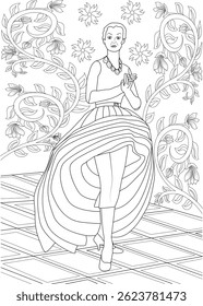 1950s Elegant Fashion Illustration Line Art, Detailed black and white line art illustration of a woman modeling a classic 1950s style dress with a full, layered skirt. The image features a