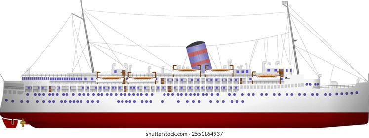 1950s era Cruise Ship. Side profile of a passenger cruise liner from the mid 20th century. Isolated vector illustration.