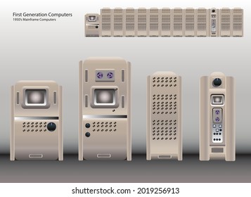1950's era old-fashioned first generation maiframe computer consoles. Atompunk and dieselpunk ski-fi concept art. Realistic vector illustration. 