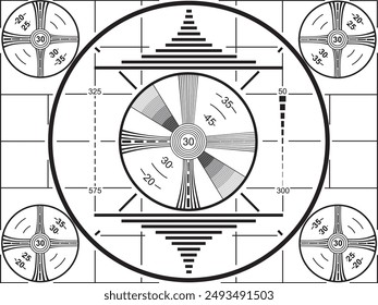 1950's era television test pattern for black and white TV's. Calibration test signal for early television sets. Over the air broadcast signal. Vector graphic isolated over a transparent background.