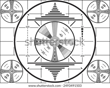1950's era television test pattern for black and white TV's. Calibration test signal for early television sets. Over the air broadcast signal. Vector graphic isolated over a transparent background.