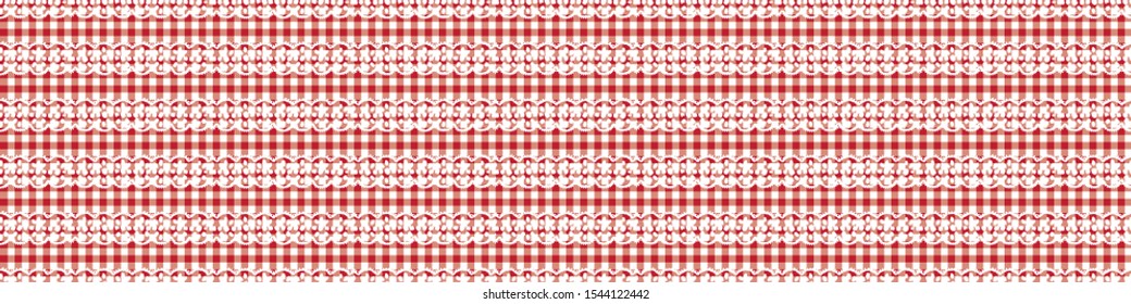 1950s Gingham Lace Seamless  Border Repeat Pattern Background. Red And White Printed Lacy Edge Banner. Classic Retro Fashion, Picnic Table Cloth Textile Fabric. Vintage Apron Trim. Vector Eps 10 Tile