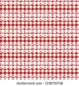 1950s Gingham Lace Seamless Vector Repeat Pattern Background. Red And White Printed With Lacy Trim. Classic Retro Fashion, Picnic Table Cloth Textile Fabric. Vintage Apron Style. Vector Eps 10 Tile