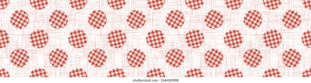 1950s Gingham Polka Dot Seamless Border Repeat Pattern. Classic Red And White Texture Background. Retro Lolita Fashion Textile, Picnic Cloth Ribbon Trim. Vintage Apron  Banner. Vector Eps 10 