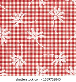 1950s Gingham Seamless Vector Repeat Pattern Background. Red and White Printed with Daisy Motif. Classic Retro Fashion, Picnic Table Cloth Textile Fabric. Vintage Apron Style. Vector Eps 10 Tile