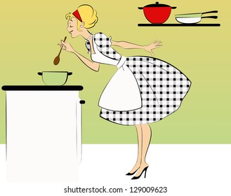 1950's Housewife Cooking Dinner At Her Kitchen