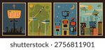1950s Illustrations Vector Template Set. Mid Century Modern Style Posters. 50s Vector Templates for Retro Party, Event Poster, Atomic Age Style, Space Age Designs, Abstract Shapes, 1950s Colors, Aged Paper Texture