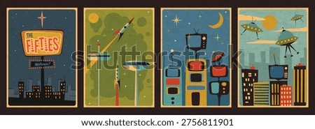 1950s Illustrations Vector Template Set. Mid Century Modern Style Posters. 50s Vector Templates for Retro Party, Event Poster, Atomic Age Style, Space Age Designs, Abstract Shapes, 1950s Colors, Aged Paper Texture