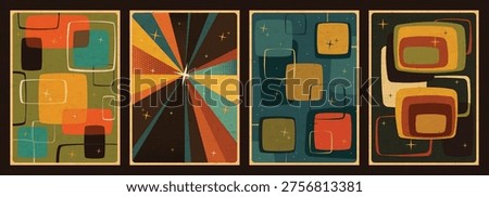1950s Illustrations Vector Template Set. Mid Century Modern Style Posters, 50s Templates for Retro Party, Event Poster, Atomic Age Style, Space Age Design, Abstract Shapes, 1950s Colors, Aged Paper Texture