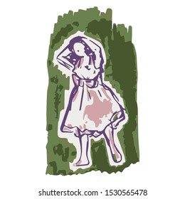 1950s inked housewife outfit illustration. Hand drawn loose lineart style of retro fifties vintage woman model clip art.