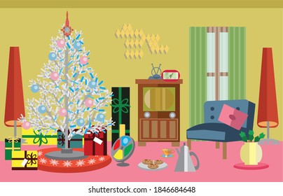  1950's living room at Christmas time cozy and mid century modern aluminum tree presents tea and cookies