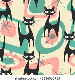 1950s Mid Century Modern Atomic Black Cats and Starbursts pattern. Seamless vector background in fifties style svg